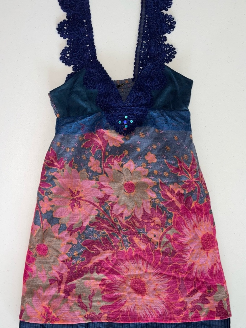 Floral V-Neck dress cotton wool blend with Crochet Trim - Navy & Pink